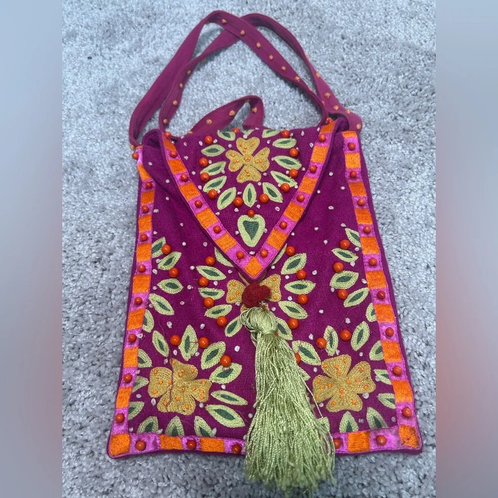 PATIENCE BREWSTER boho Beaded Cotton Crossbody Bag